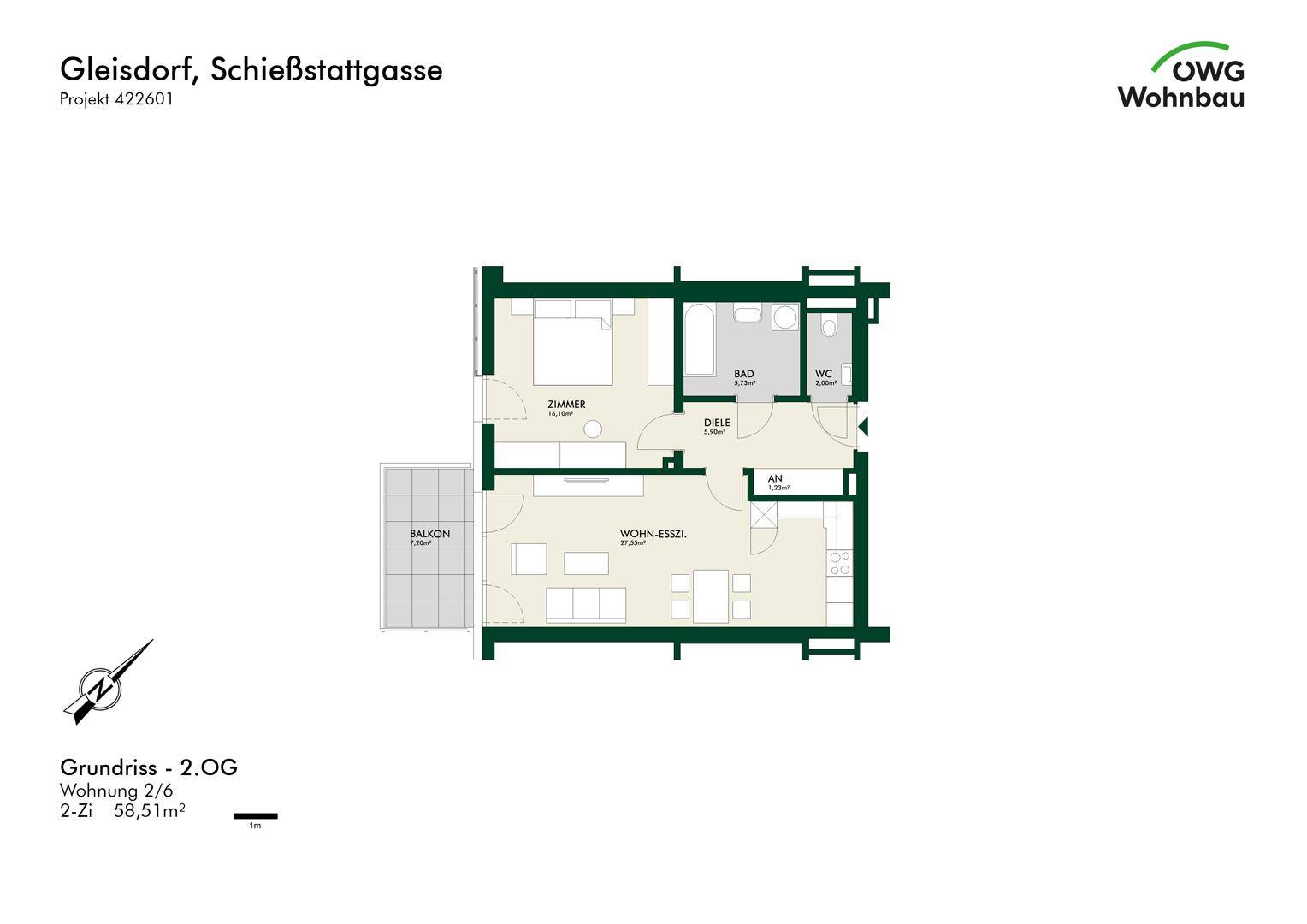Grundriss einer Wohnung mit Balkon, offenem Wohn-Essbereich, Schlafzimmer, Bad und separatem WC.