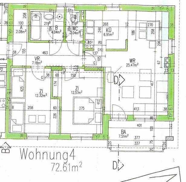 Detaillierter Grundriss der Wohnung 4 mit 72.61m² und Balkon.