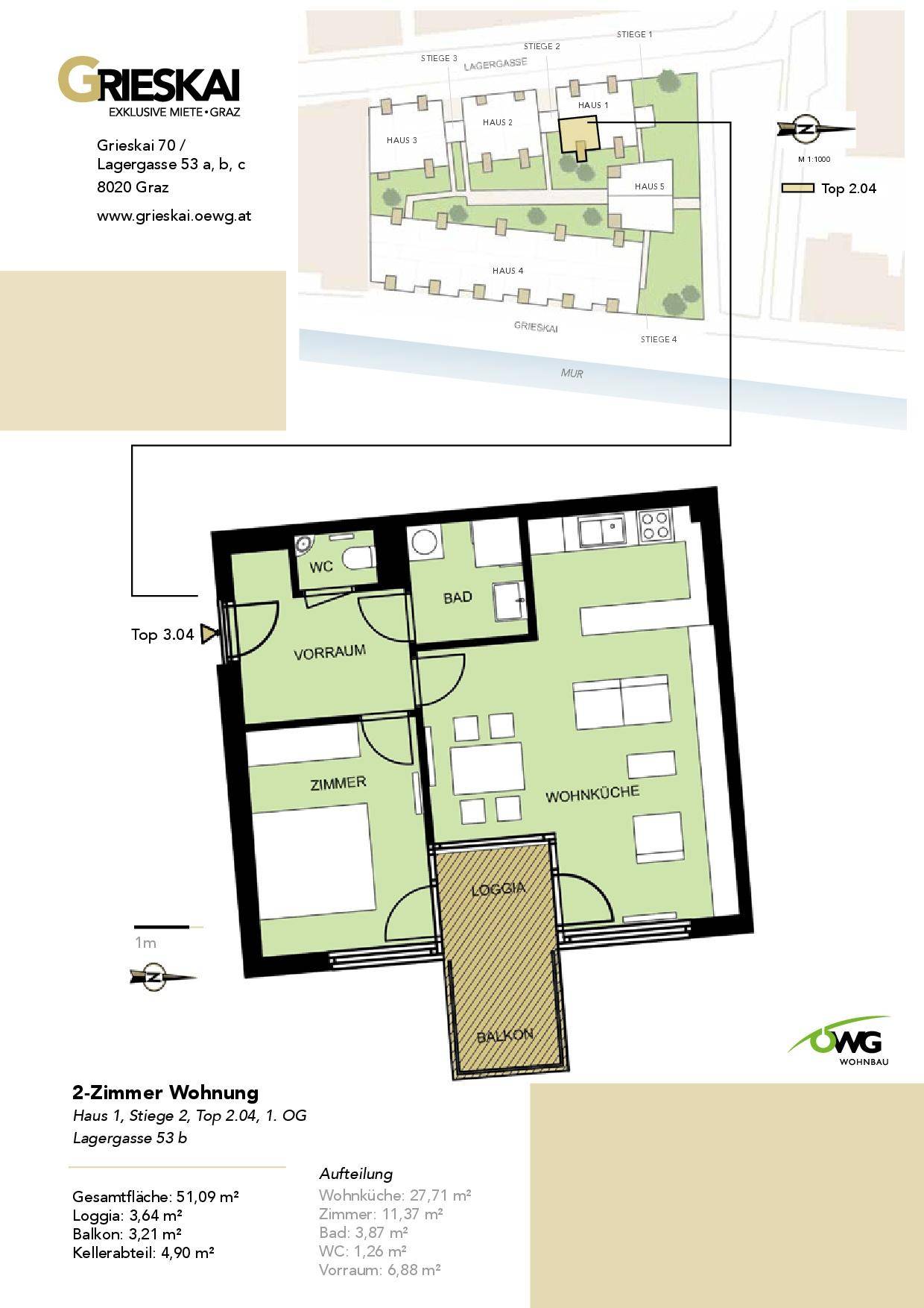 Detaillierter Grundriss einer 2-Zimmer-Wohnung mit Loggia und Balkon.
