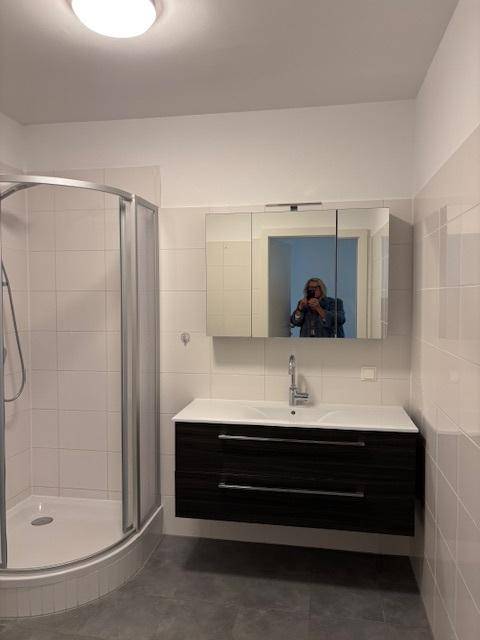 Badezimmer mit modernem Waschtisch, Spiegelschrank und einer Duschkabine im Hintergrund.