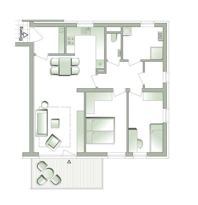 Grundriss einer Wohnung mit offenem Wohnbereich, Schlafzimmern, Bad und Balkon.