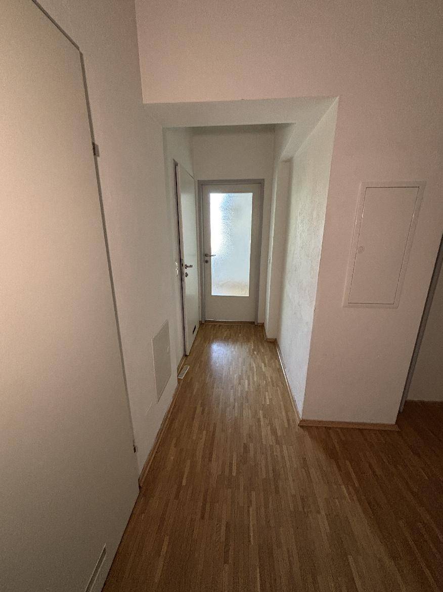 Langer, schmaler Flur mit Parkettboden und einer Tür mit Milchglas am Ende.