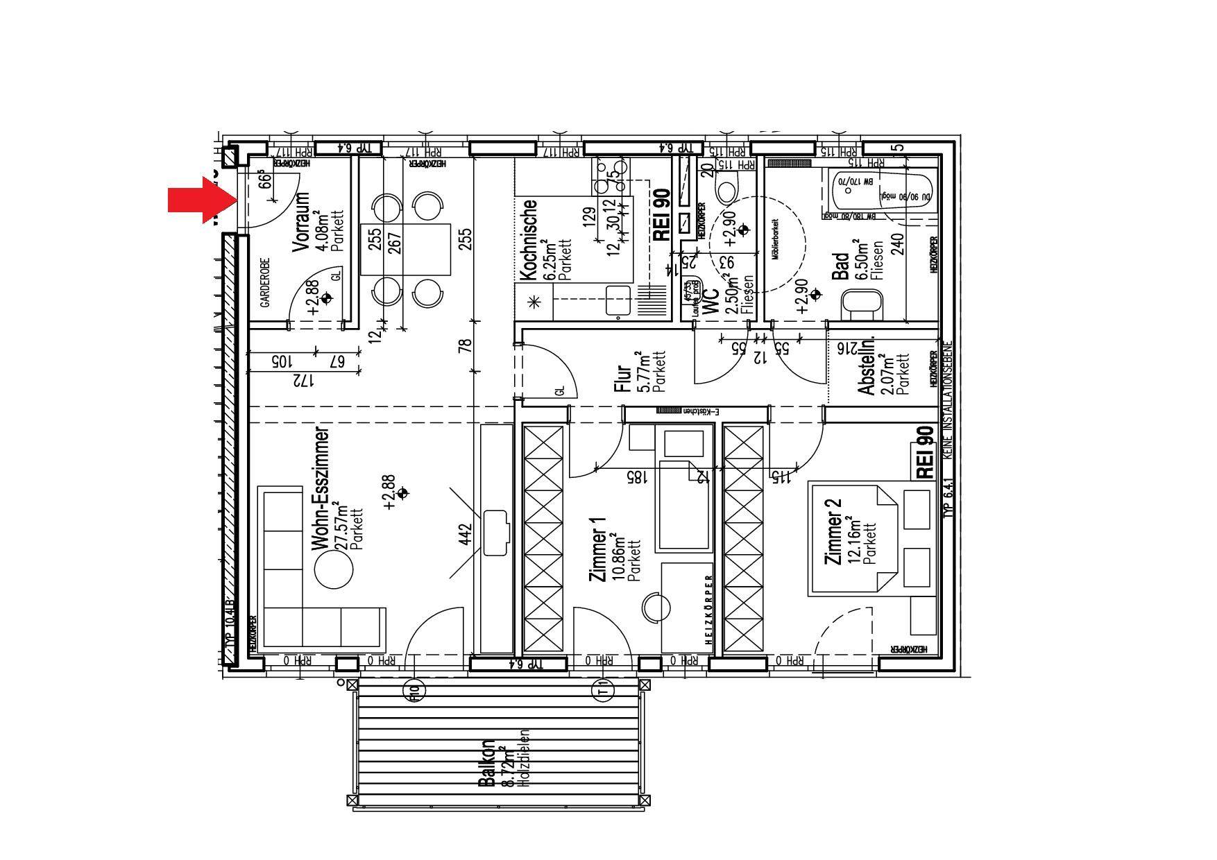 Grundriss einer Wohnung mit Wohn-Esszimmer, zwei Zimmern, Küche, Bad und Balkon.