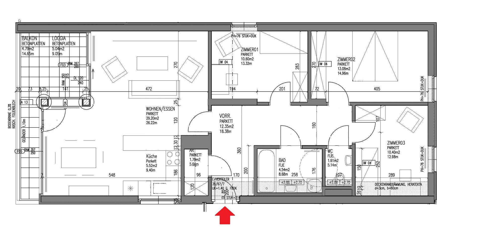 Grundriss einer Wohnung mit offenem Wohnbereich, drei Zimmern, Bad und separatem WC sowie Loggia.