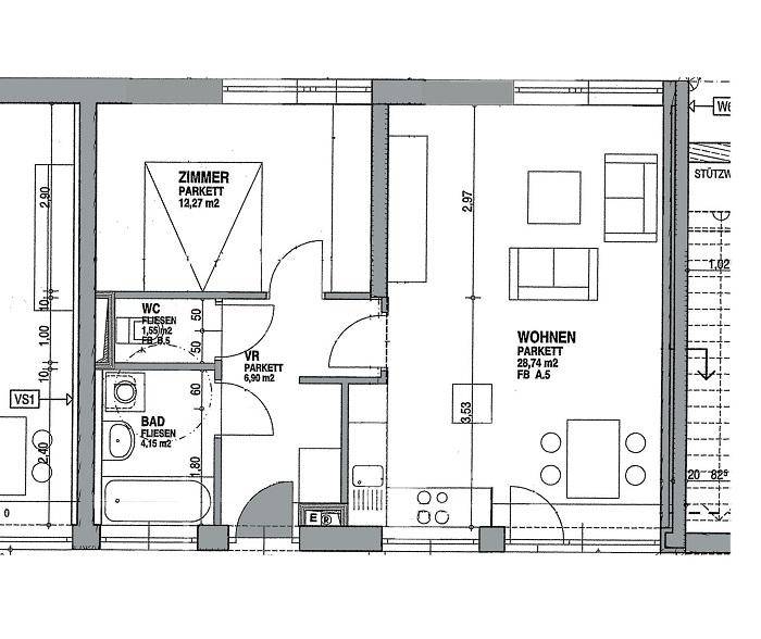 Grundriss einer Wohnung mit einem Schlafzimmer, Bad, separatem WC und offenem Wohnbereich.