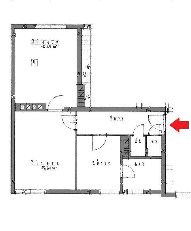 Grundrissplan einer Wohnung mit zwei Zimmern, Küche, Bad und separatem WC.