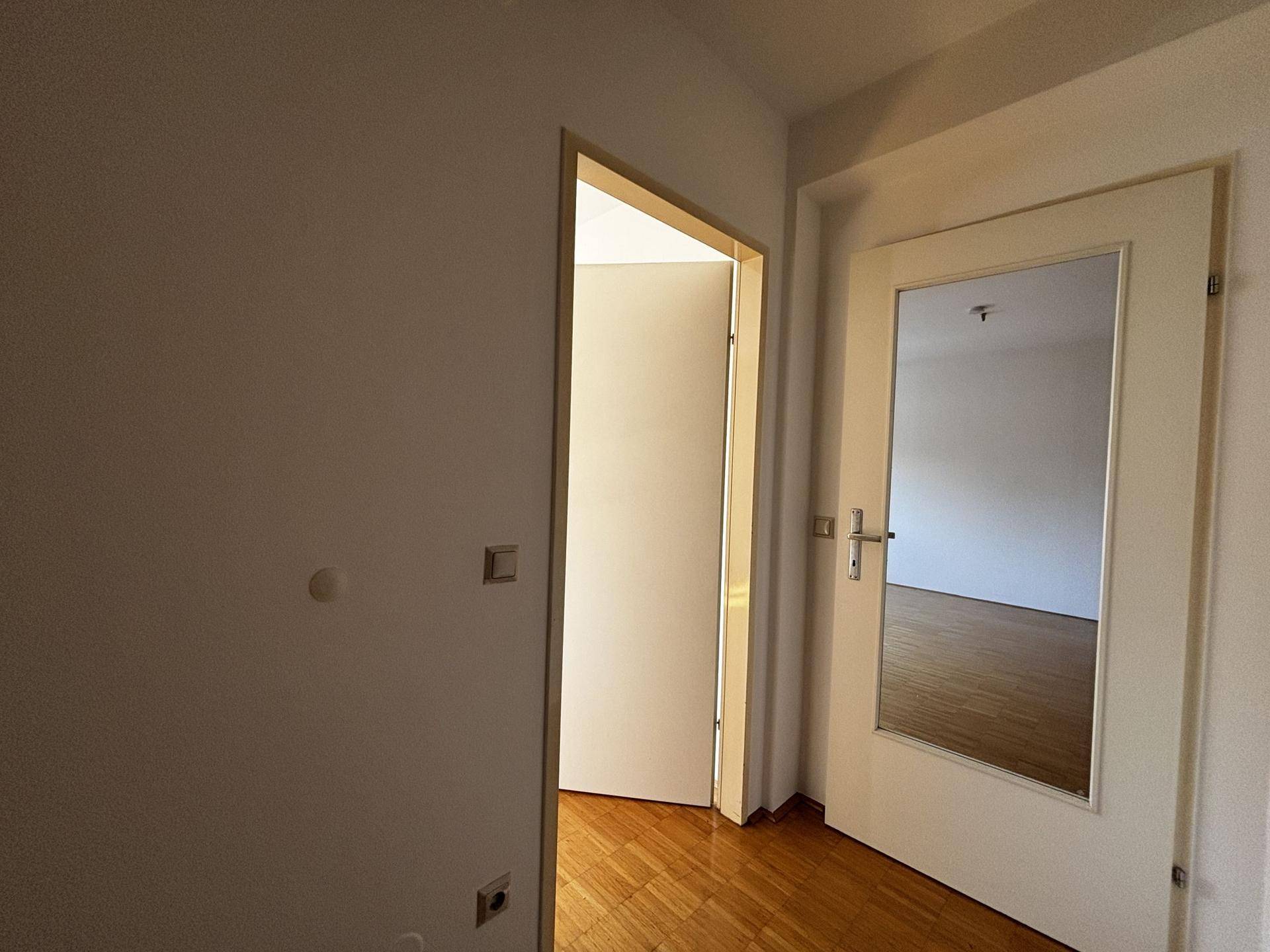 Gangbereich mit Parkettboden und einer Tür mit integriertem Spiegel, die zu einem Zimmer führt.