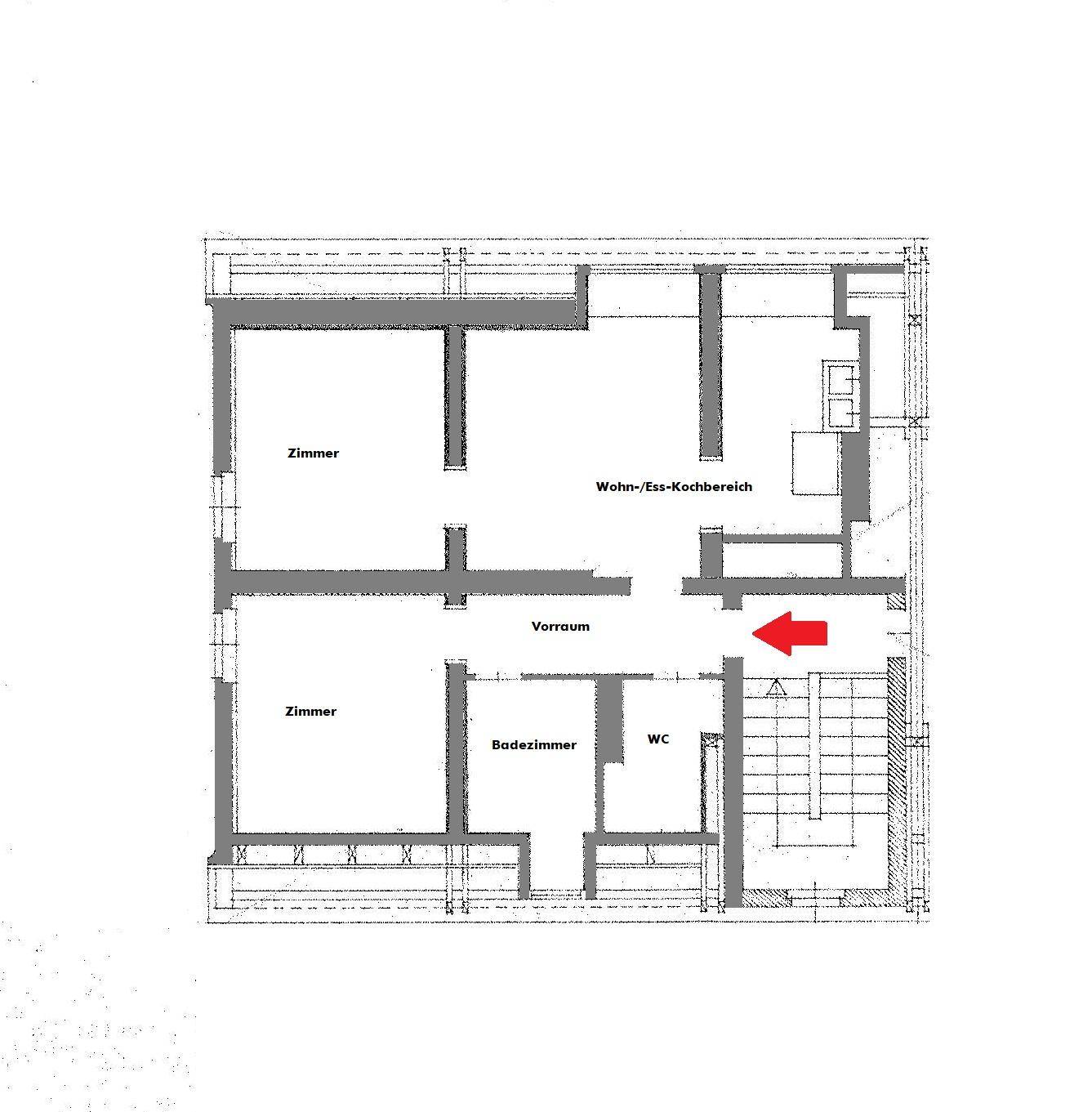 Grundriss einer Wohnung mit offenem Wohn-Ess-Kochbereich, zwei Zimmern, Bad und separatem WC.