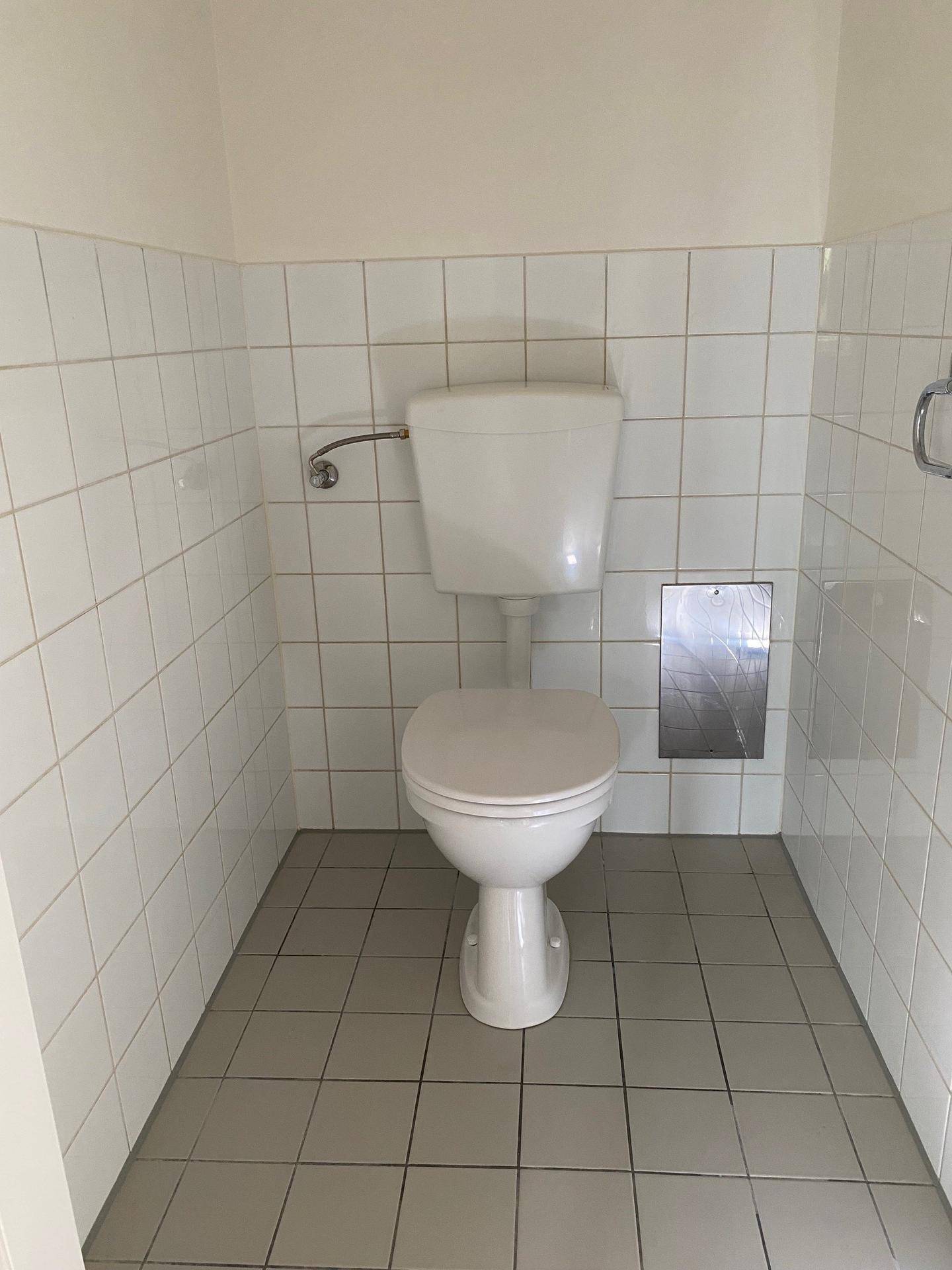 Kleiner WC-Raum mit weißen Wandfliesen, grauen Bodenfliesen und einer Standardtoilette.