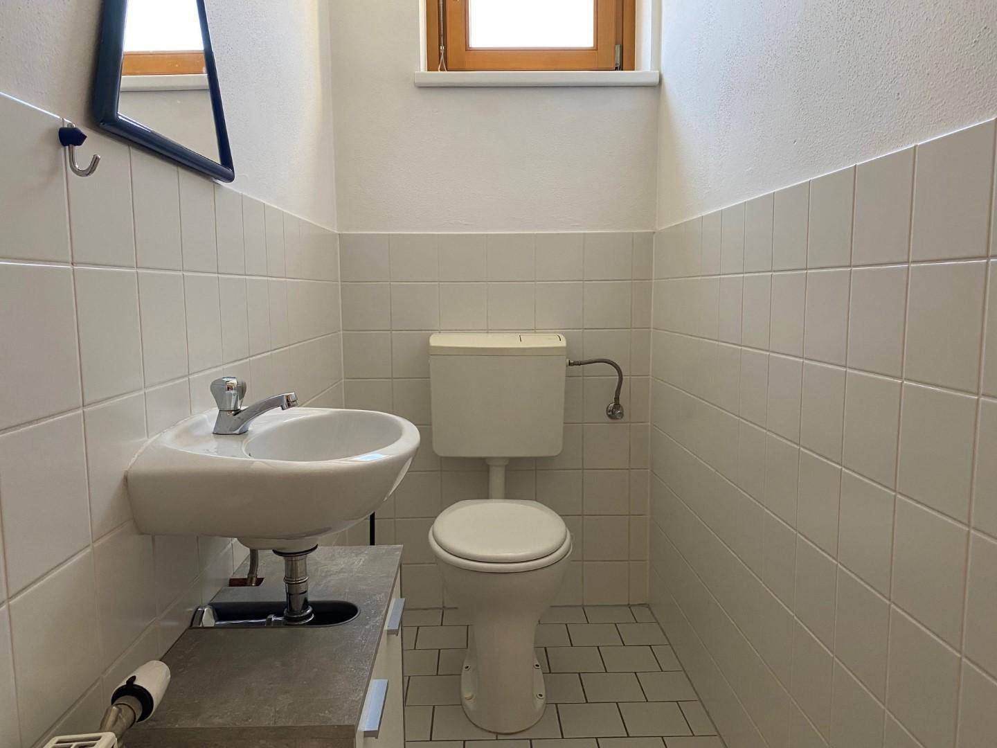 Gäste-WC mit weißen Fliesen, Fenster und modernem Waschbecken.