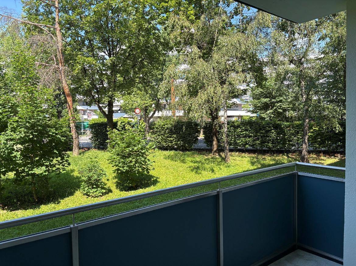 Blick von der Loggia auf eine grüne Parklandschaft mit Bäumen und Sträuchern.