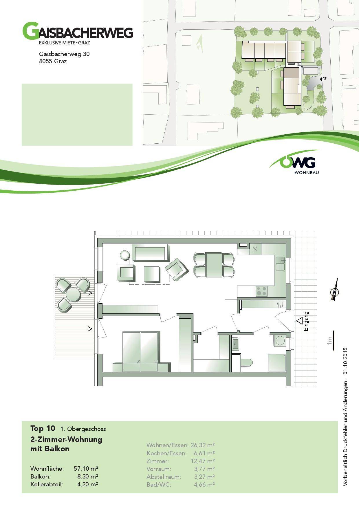 Grundriss einer 2-Zimmer-Wohnung im ersten Obergeschoss mit Balkon und Kellerabteil.
