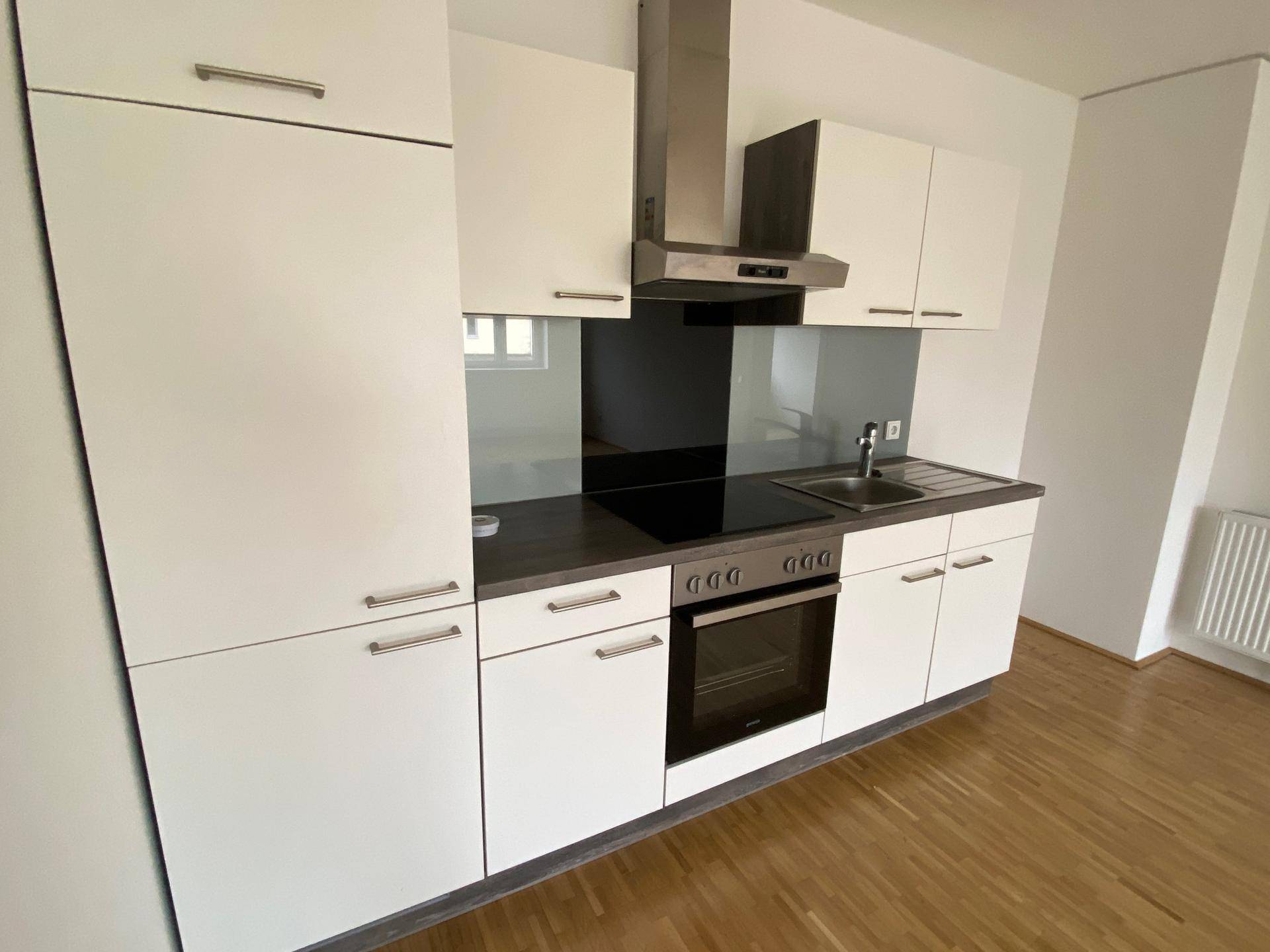 Neue Einbauküche mit weißen Fronten, integrierten Geräten und Kochfeld.