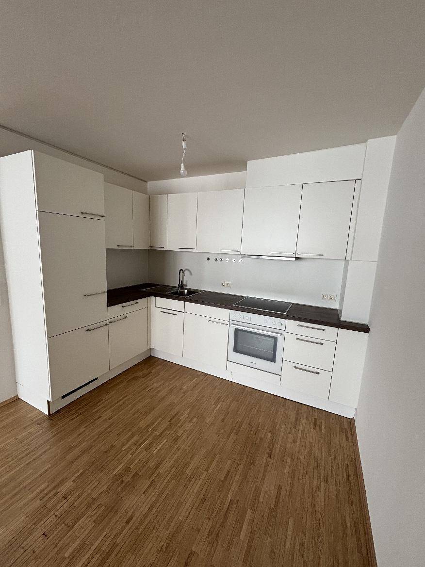 Moderne Einbauküche in Weiß mit dunkler Arbeitsplatte und integrierten Elektrogeräten.