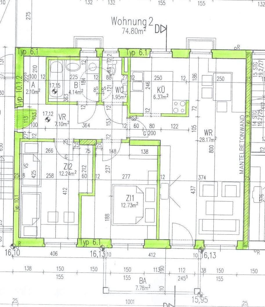 Grundriss der Wohnung 2 mit 74,80 m² Wohnfläche, mehreren Zimmern und einem Balkon.