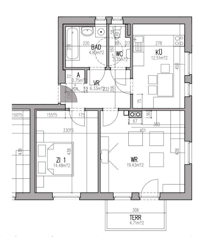 Grundriss einer Wohnung mit separater Küche, Bad, WC, Schlafzimmer und Terrasse.