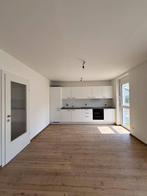 Offener Wohnbereich mit moderner Einbauküche, weißen Schränken und Holzboden, lichtdurchflutet.