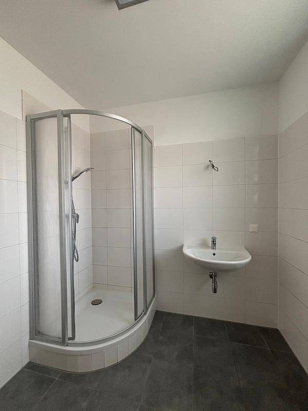 Badezimmer mit Duschkabine, Waschbecken und dunklen Bodenfliesen.