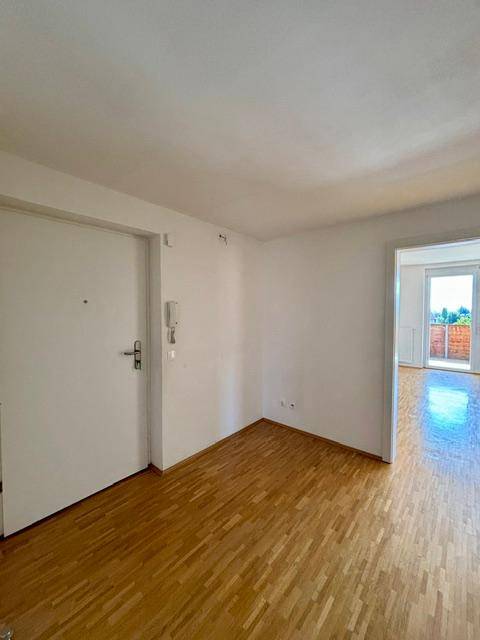 Heller Eingangsbereich mit Parkettboden und weißer Tür, der zu weiteren Räumen führt.