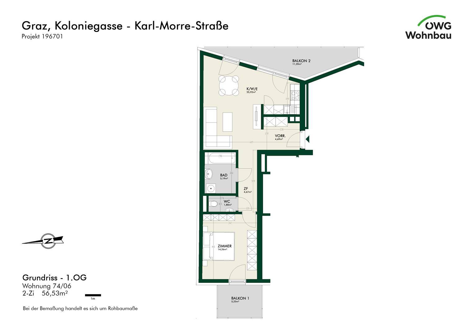 Grundriss einer 2-Zimmer-Wohnung im ersten Obergeschoss mit zwei Balkonen und separatem WC.