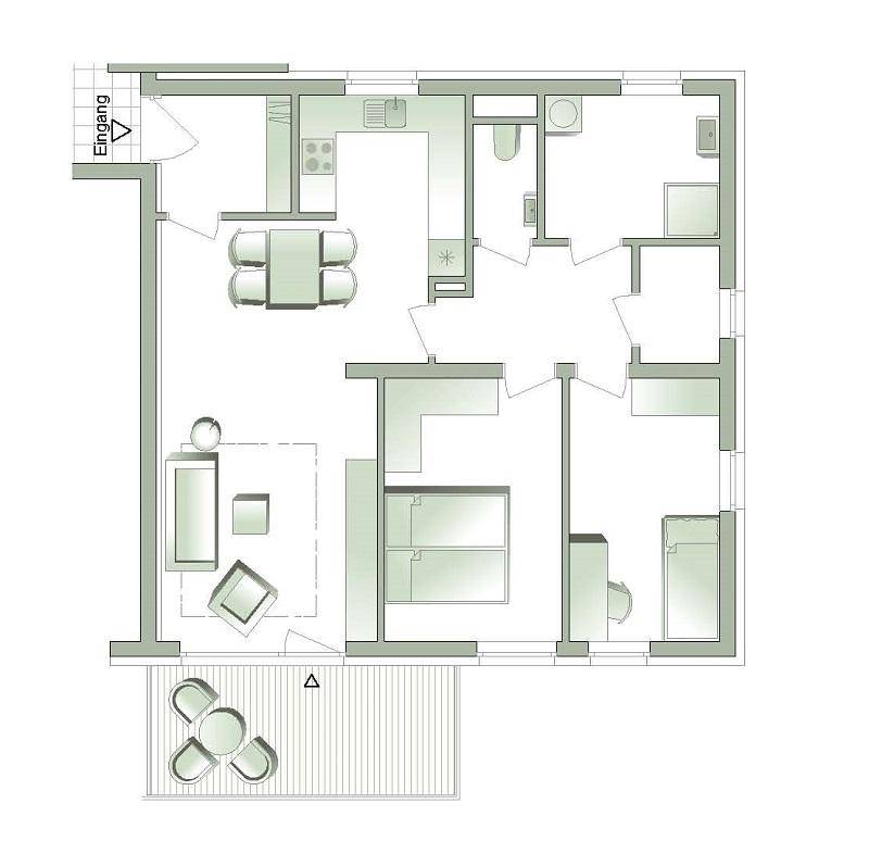 Grundriss einer Wohnung mit offenem Wohnbereich, zwei Schlafzimmern, zwei Bädern und Balkon.