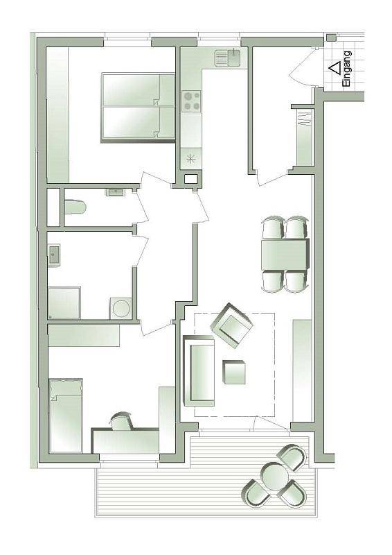 Grundriss einer Wohnung mit offenem Wohnbereich, zwei Schlafzimmern und einem Balkon.