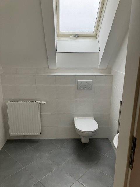 Badezimmer mit wandhängendem WC, Heizkörper und Dachfenster für natürliches Licht.