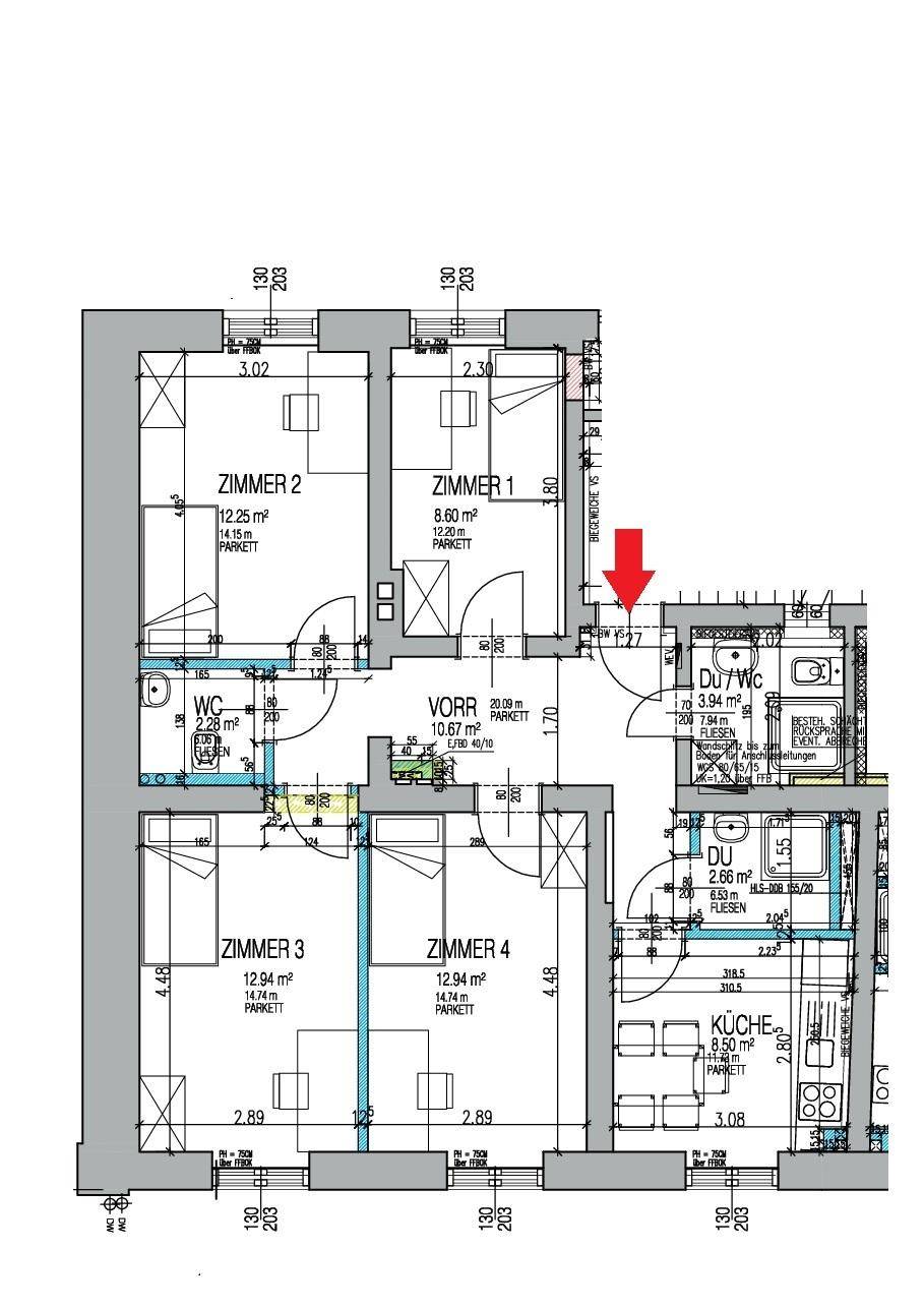 Grundriss einer Wohnung mit vier Zimmern, zwei Bädern und separatem WC.
