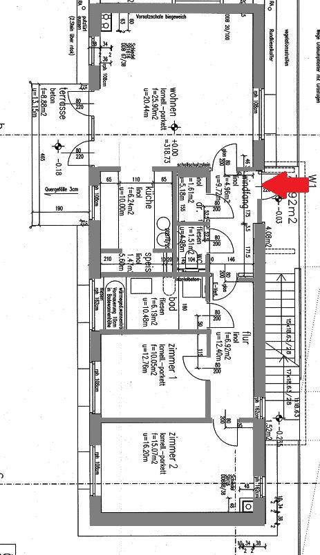 Grundriss einer Wohnung mit offenem Wohnbereich, zwei Schlafzimmern und einer Terrasse.