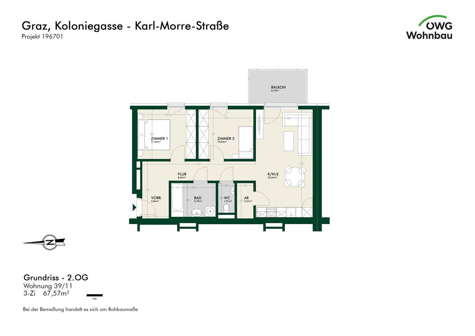 Grundriss einer 3-Zimmer-Wohnung im 2. Obergeschoss mit Balkon und separatem WC.