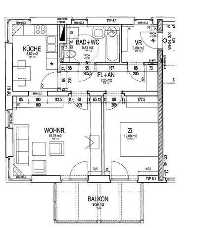 Grundriss einer Wohnung mit Küche, Bad, Wohnzimmer, Schlafzimmer und einem Balkon.
