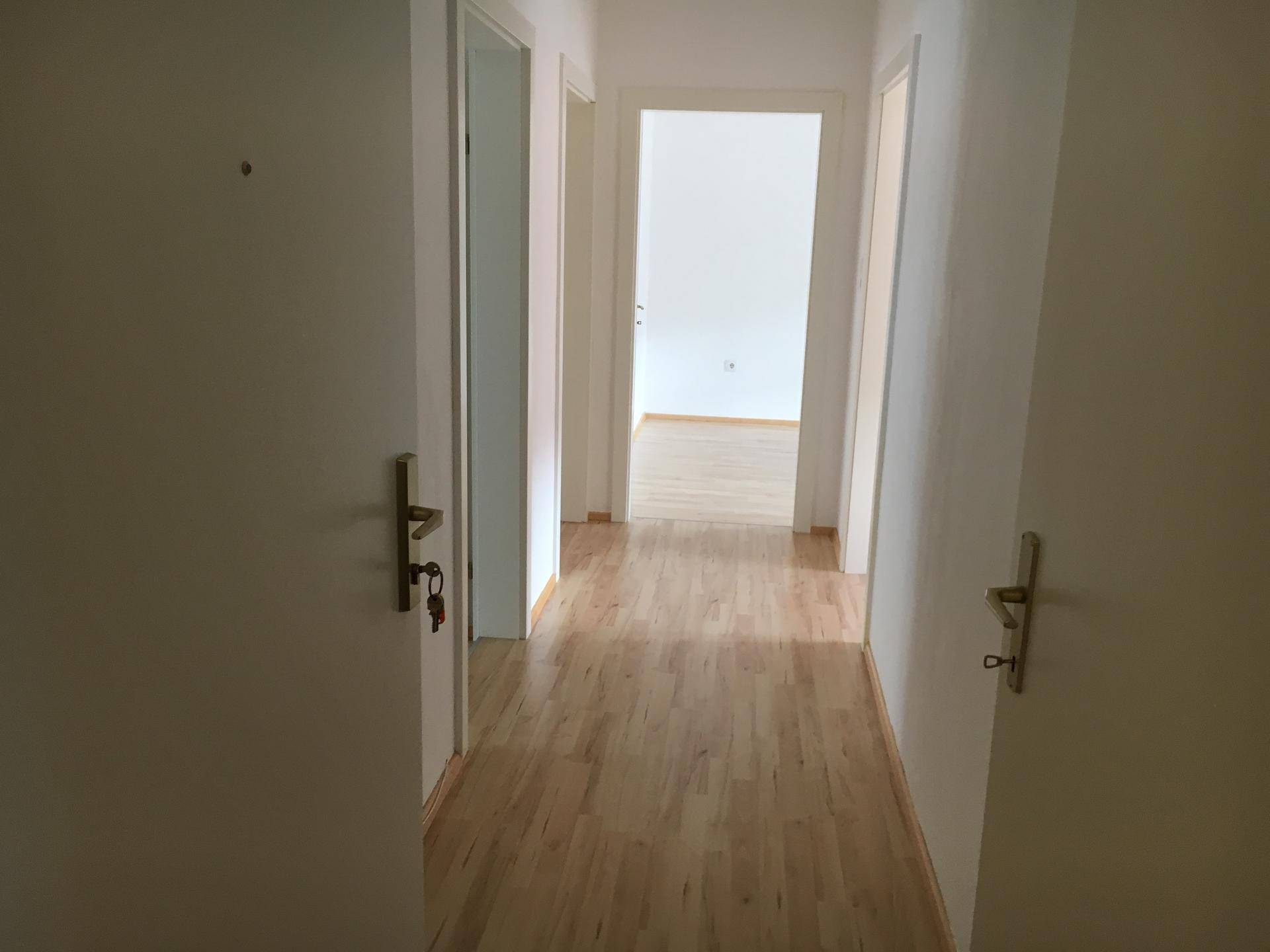 Langer Flur mit hellem Holzfußboden und mehreren Türen zu angrenzenden Räumen.