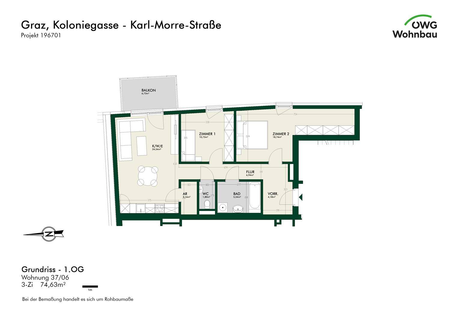Grundriss einer 2-Zimmer-Wohnung im ersten Obergeschoss mit Balkon und separatem WC.