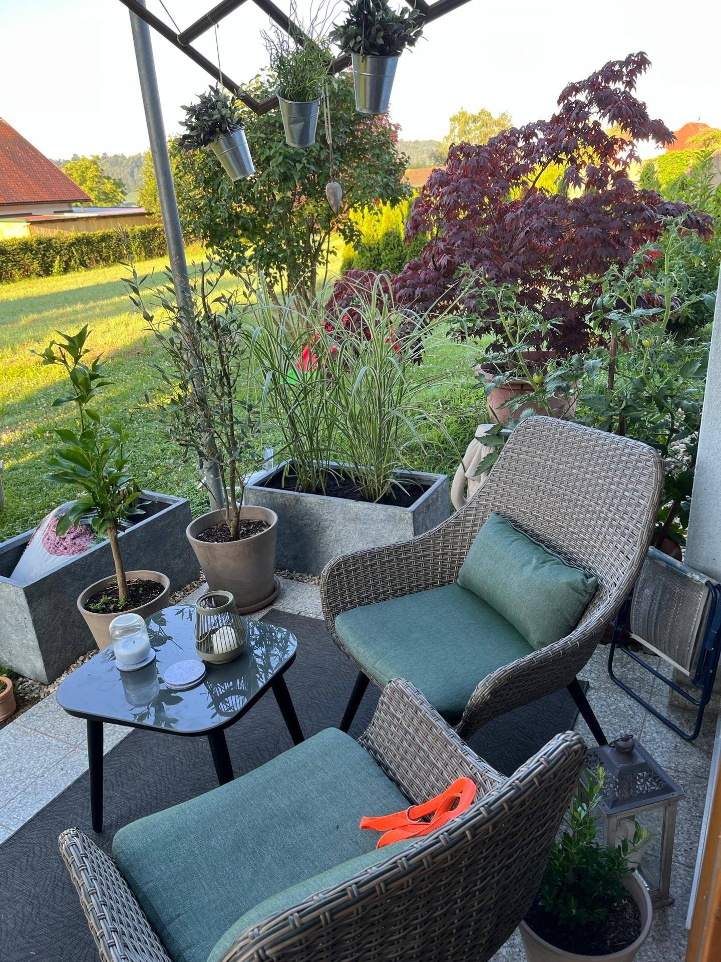 Gemütliche Terrasse mit Korbsesseln, kleinem Tisch und üppiger Bepflanzung im Garten.