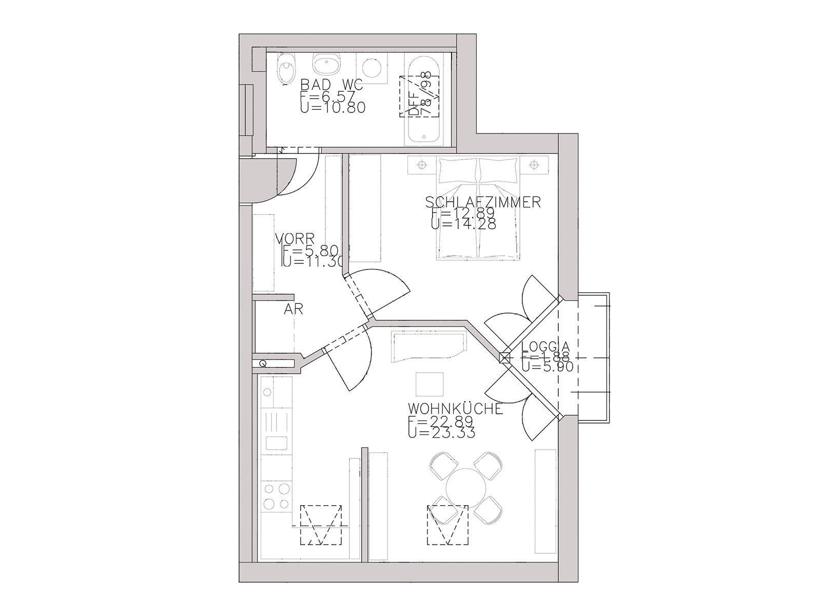 Grundriss einer Wohnung mit Schlafzimmer, Wohnküche, Bad und Loggia.