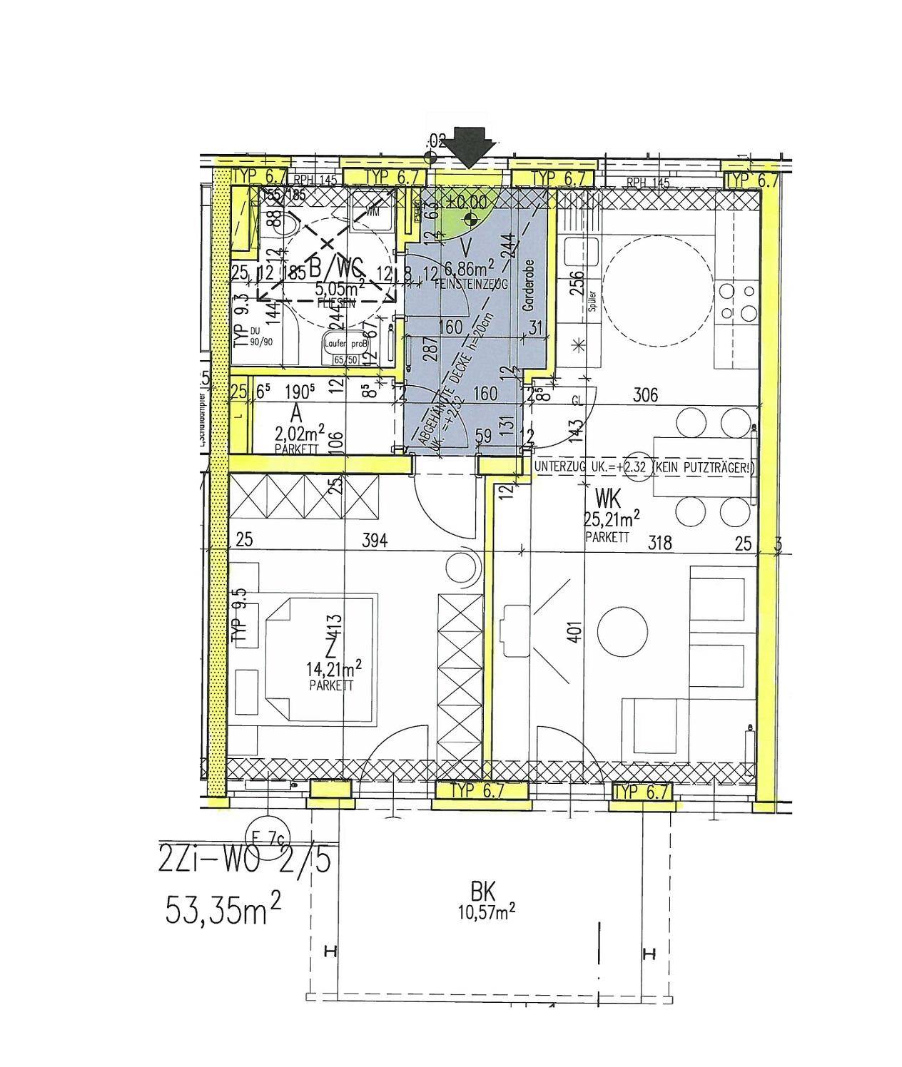 Grundriss einer 2-Zimmer-Wohnung mit Balkon, zeigt die Raumaufteilung und Flächenangaben.
