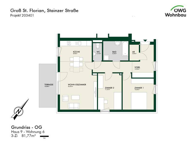 Grundriss einer 3-Zimmer-Wohnung mit offenem Wohn-Essbereich, Bad, WC und Terrasse.