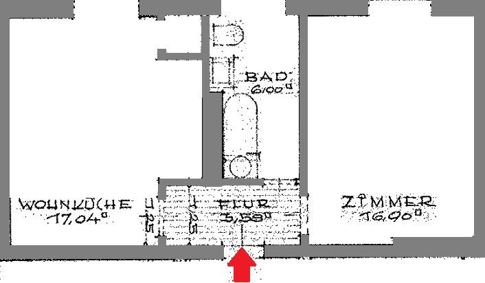 Grundriss einer Wohnung mit Wohnküche, separatem Zimmer und Badezimmer.