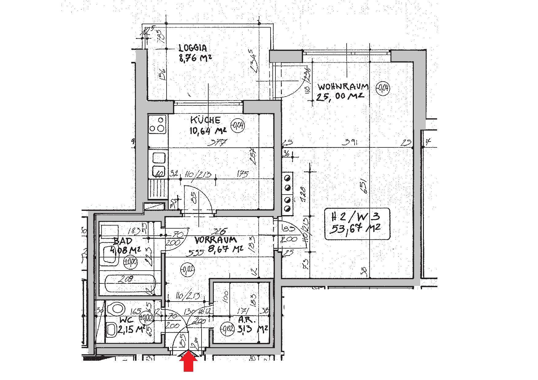 Detaillierter Grundriss einer Wohnung mit Loggia, Küche, Wohnraum, Bad und WC.