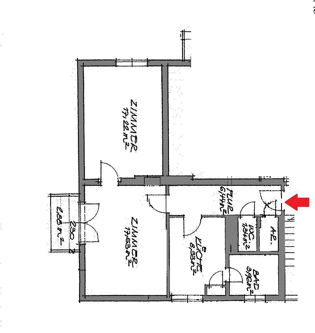 Grundriss einer Wohnung mit zwei Zimmern, Küche, Bad, WC und Balkon.