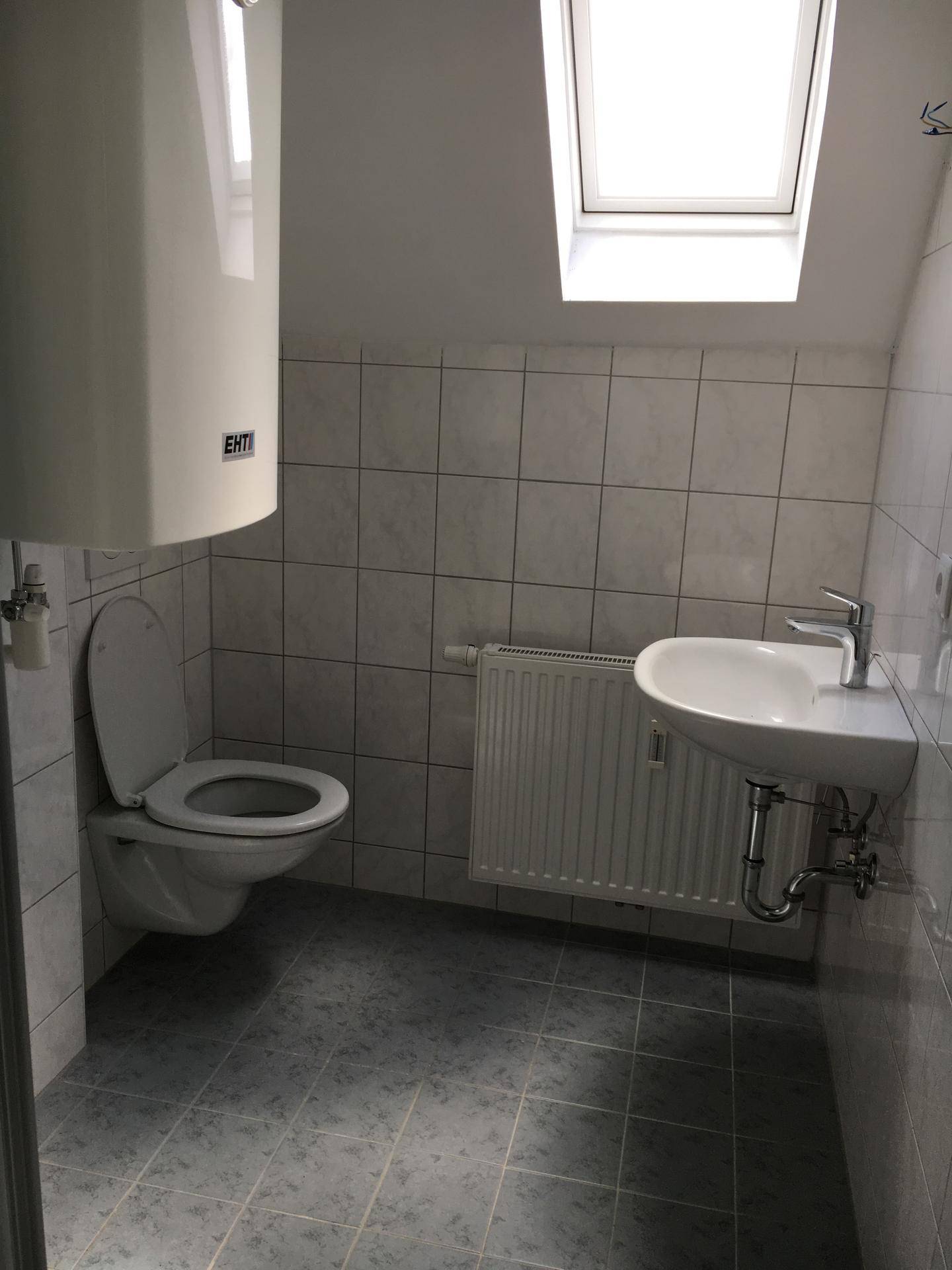 Badezimmer mit Toilette, Waschbecken, Heizkörper und einem Dachfenster.