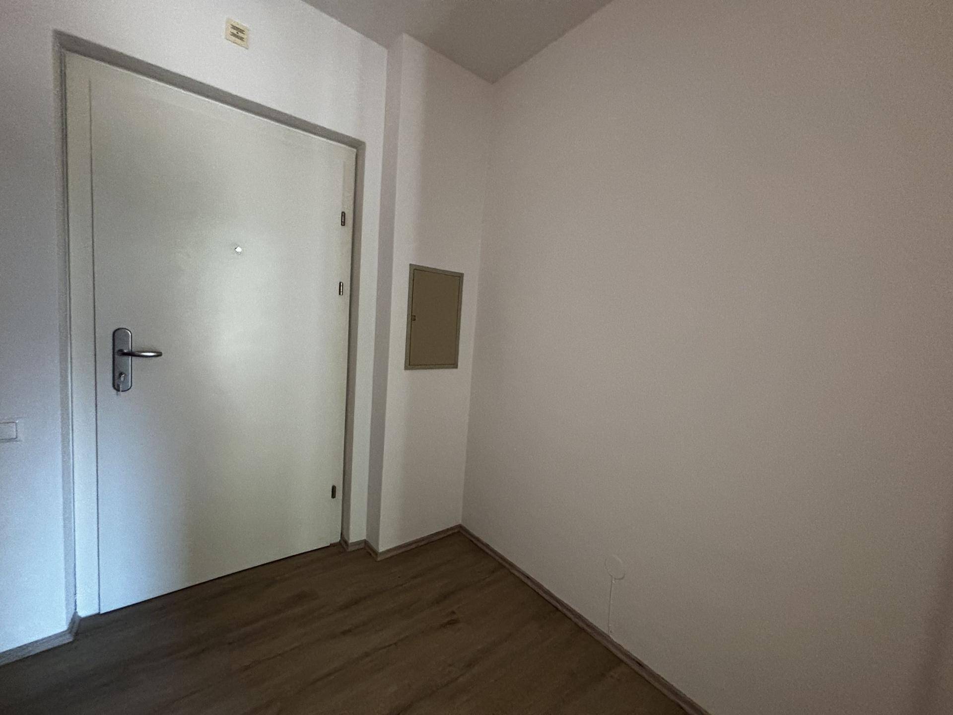 Eingangsbereich einer Wohnung mit Laminatboden und weißer Tür, bereit zum Einzug.