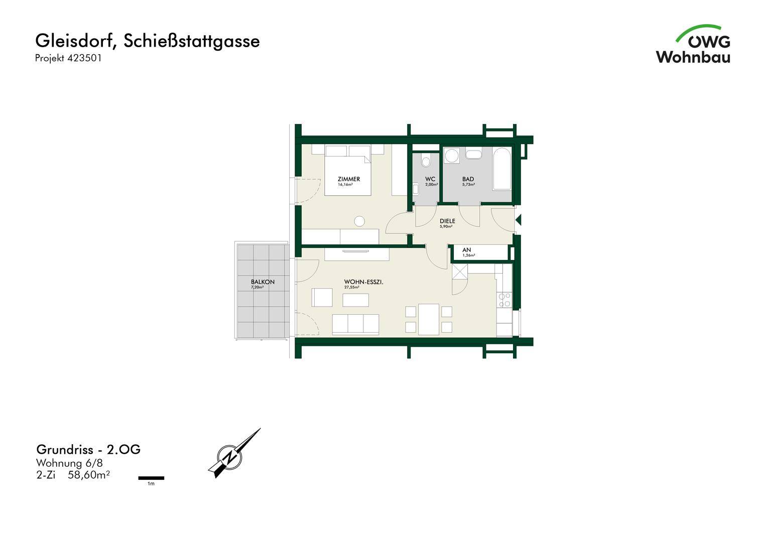 Grundriss einer Wohnung mit Wohn-Essbereich, Schlafzimmer, Bad und Balkon.