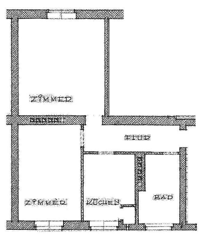 Grundriss einer Wohnung mit zwei Zimmern, separater Küche, Bad und Balkon.