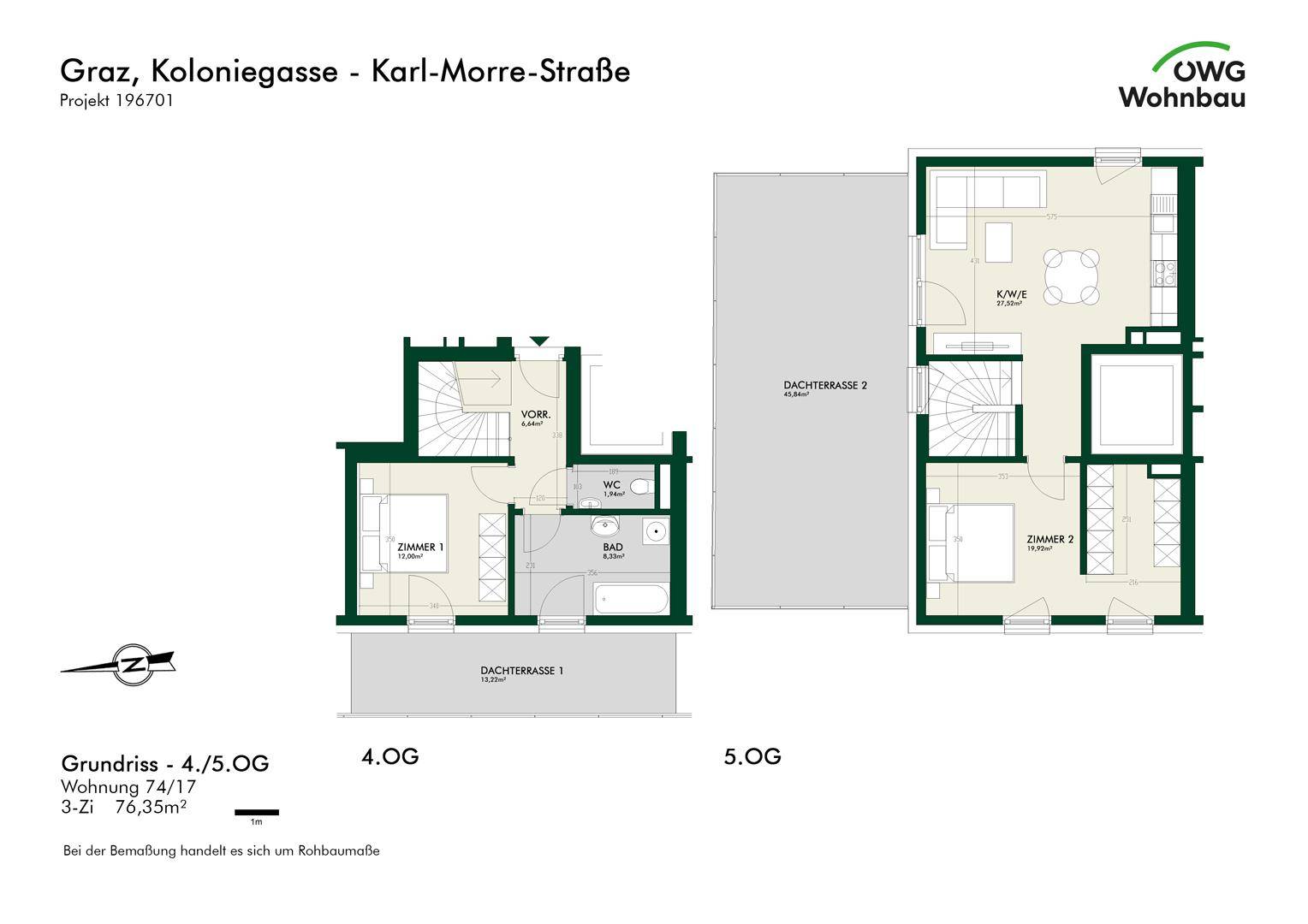 Grundriss einer Maisonette-Wohnung über zwei Etagen mit zwei Dachterrassen.