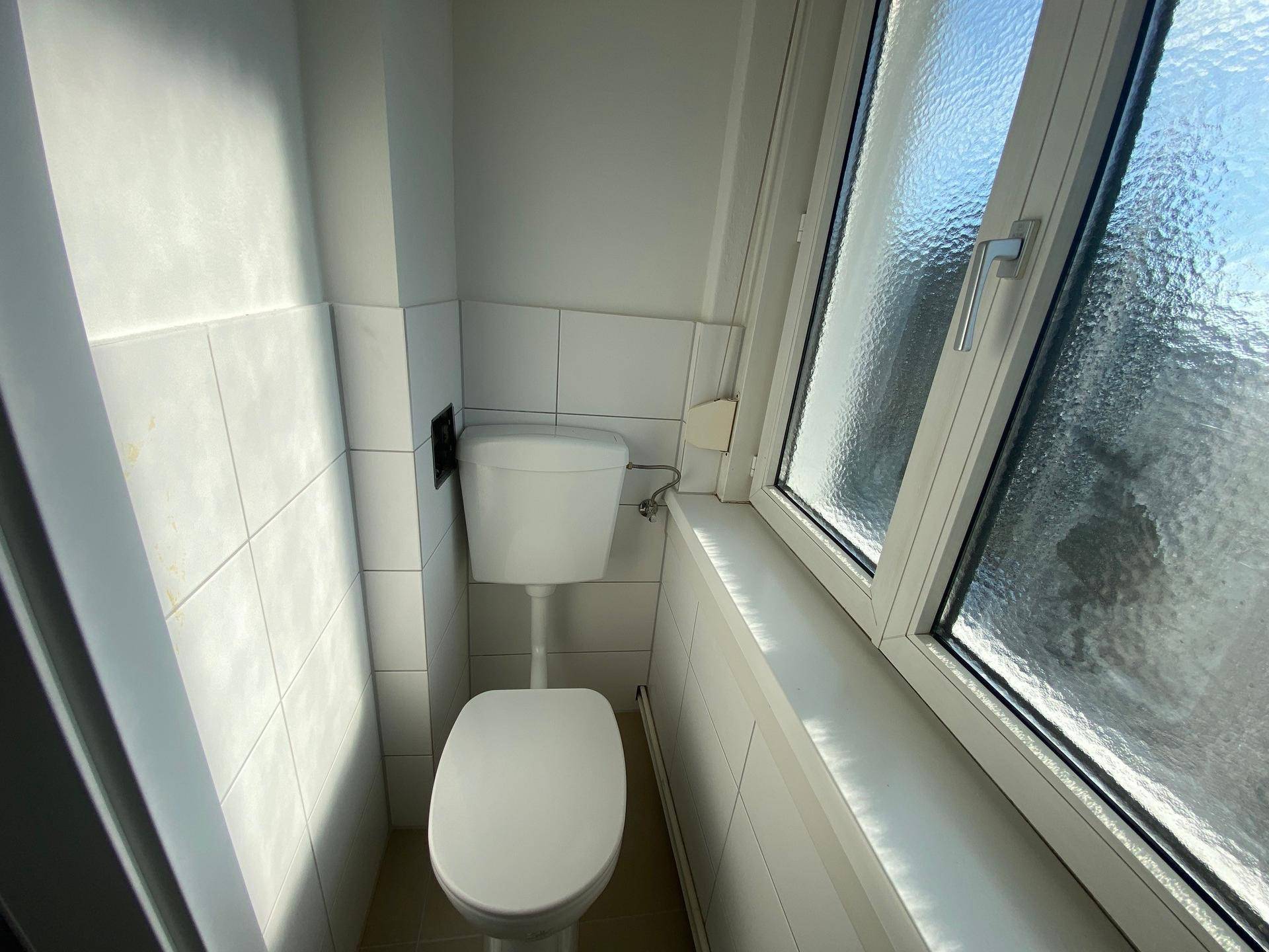 Kleines WC mit Toilette, Fenster und weißen Wandfliesen.