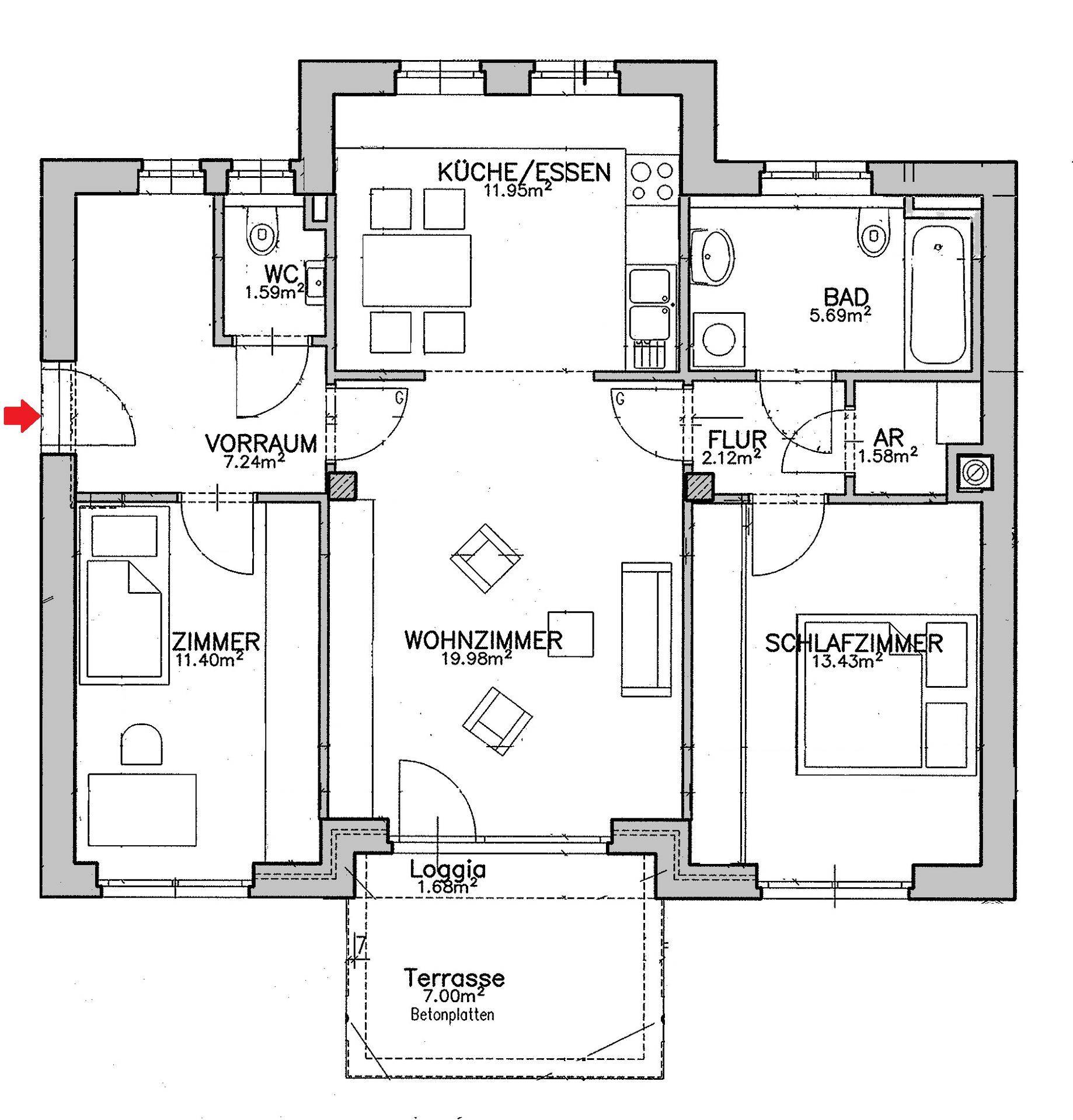 Grundriss einer Wohnung mit drei Zimmern, offener Küche, Bad, separatem WC, Loggia und Terrasse.