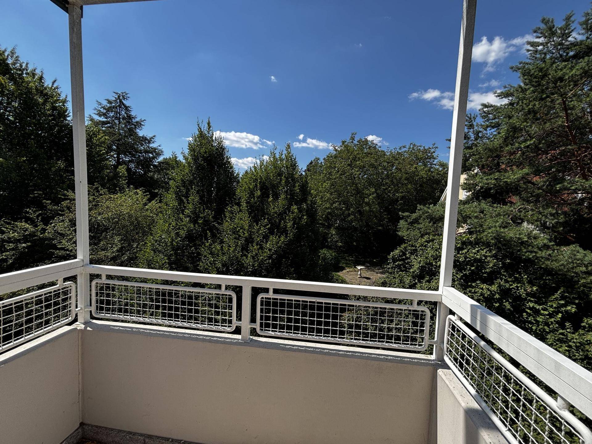 Heller Balkon mit Gittergeländer und weitem Blick auf grüne Bäume und Natur.