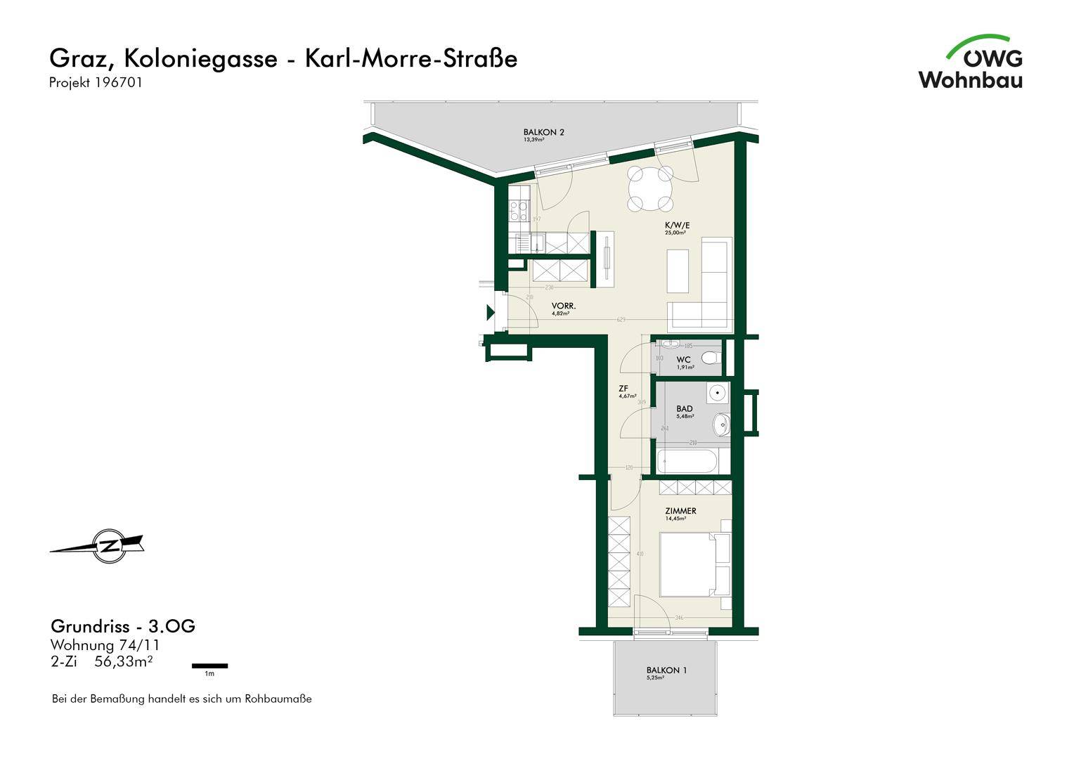 Grundriss einer 2-Zimmer-Wohnung im 3. Obergeschoss mit zwei Balkonen.
