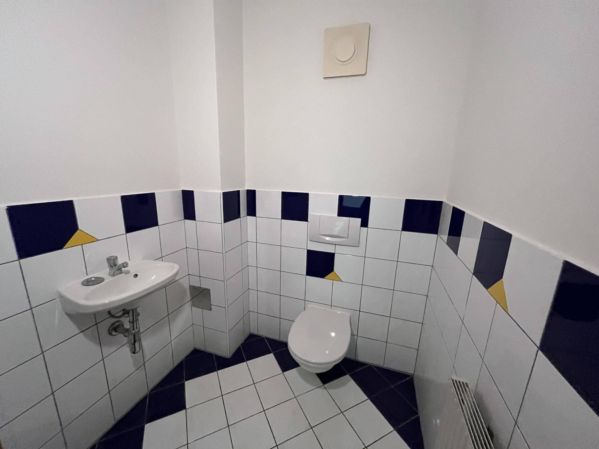 Kleines Gäste-WC mit weiß-blauen Fliesen, WC und Waschbecken, funktional und sauber.
